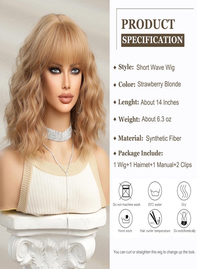 اسمي شعر مستعار قصير مموج بلون أشقر فراولة من إسمي للنساء، شعر مستعار صناعي بطول الكتف مع غرة، مناسب للاستخدام اليومي والحفلات والتنكر. - Image 2